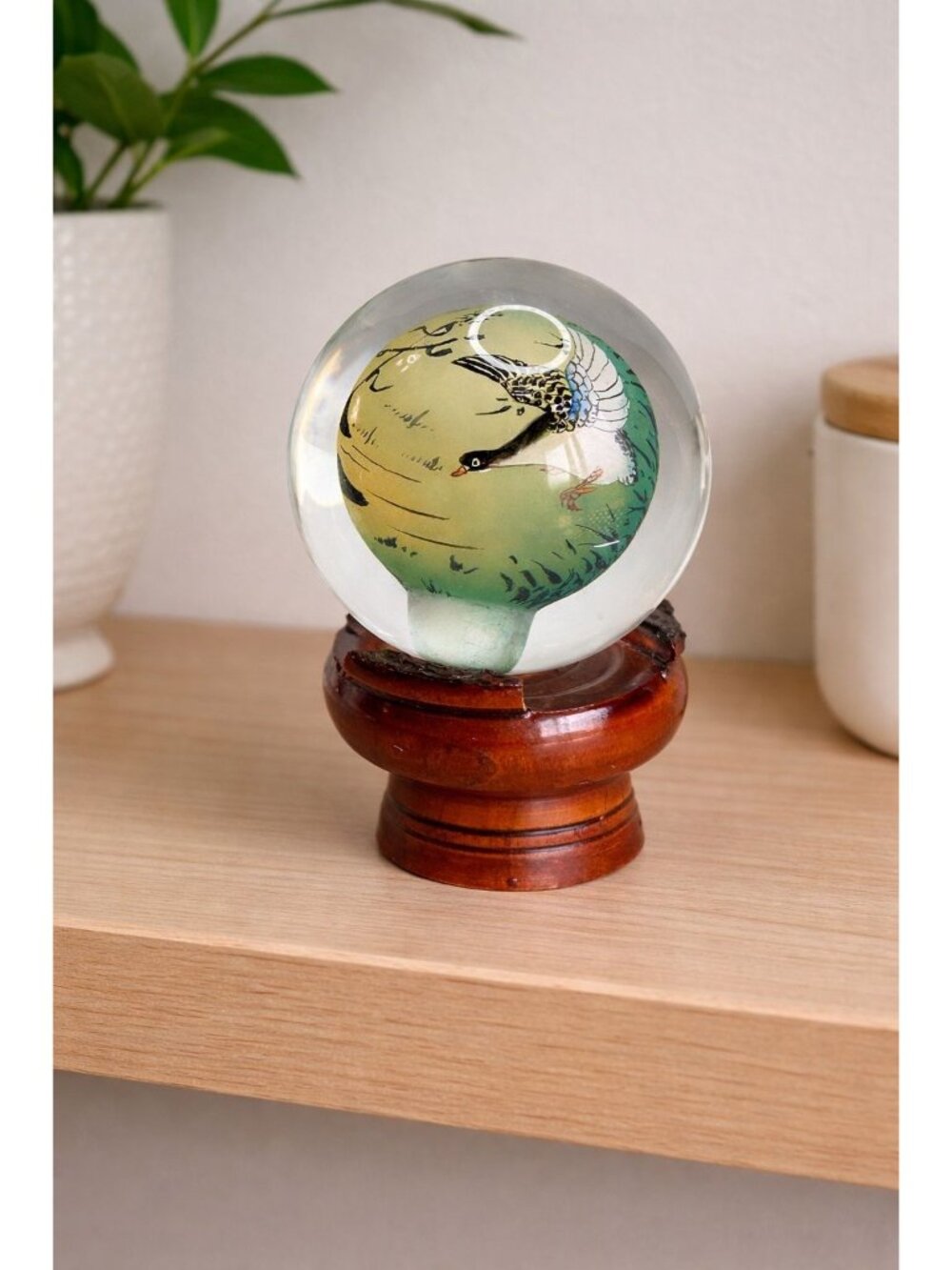Chinese Reverse Painted Crystal Ball Bird Scene Wood Stand 4 Inch Glass Artwork